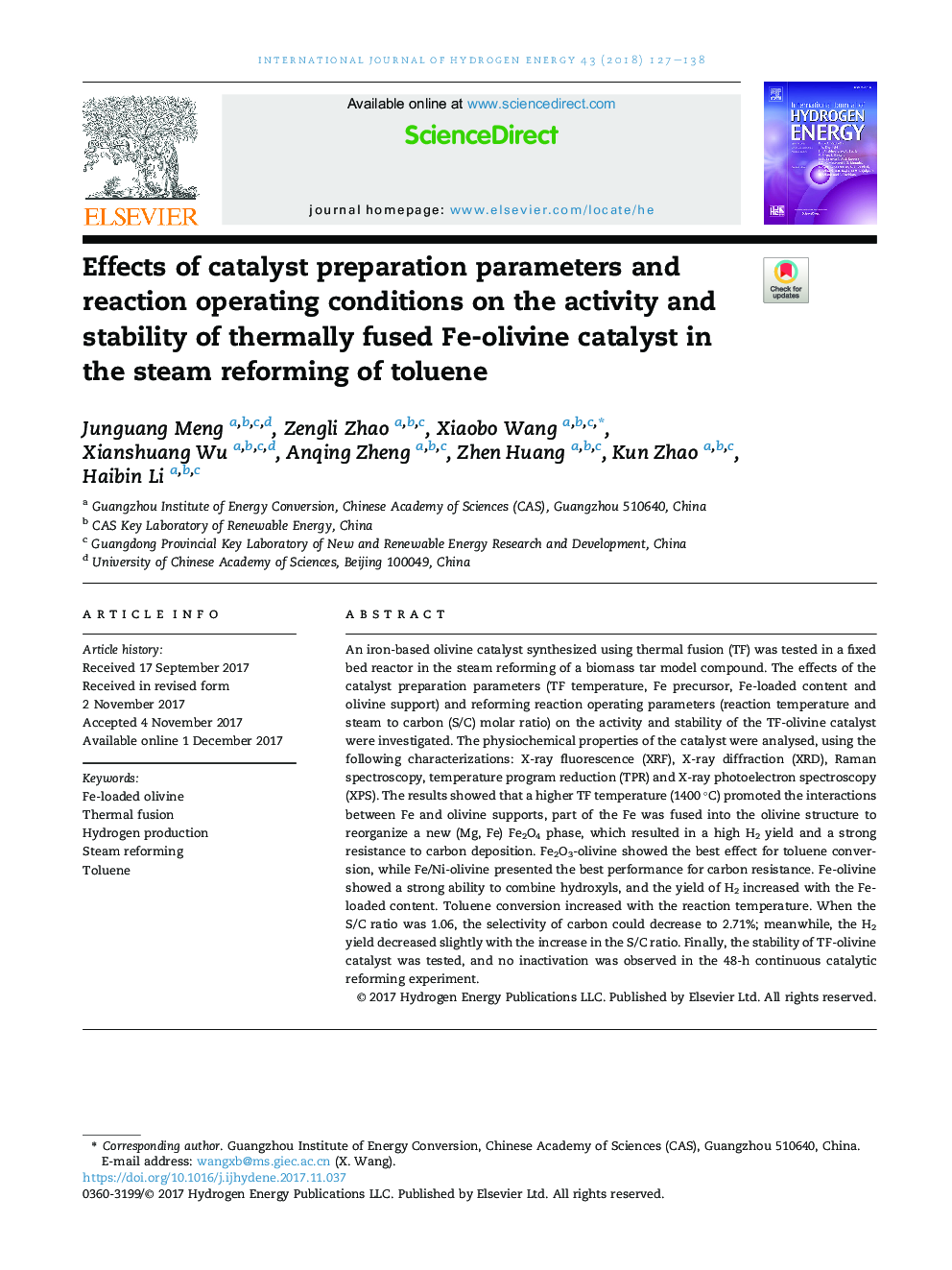 Effects of catalyst preparation parameters and reaction operating conditions on the activity and stability of thermally fused Fe-olivine catalyst in the steam reforming of toluene