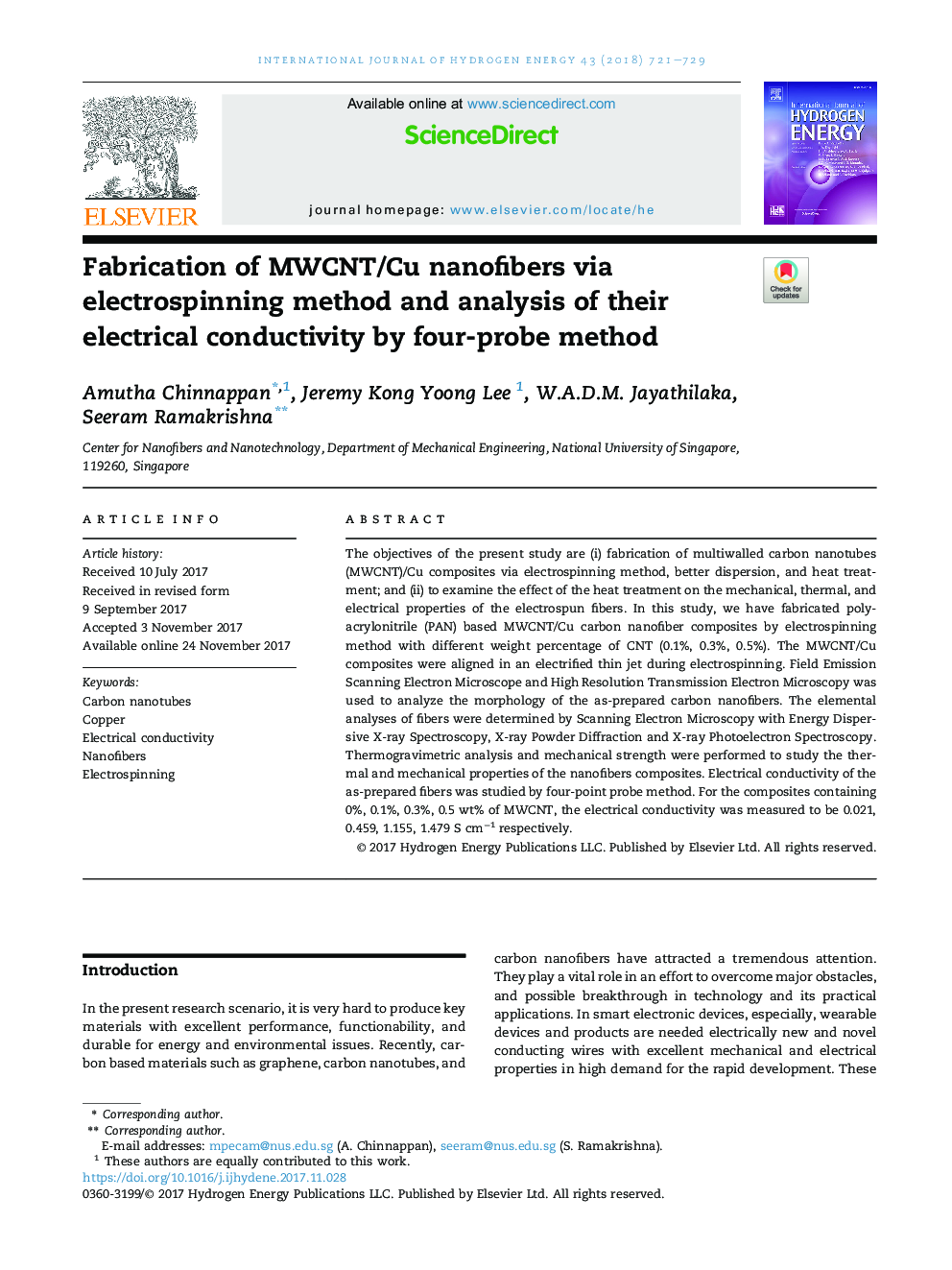 Fabrication of MWCNT/Cu nanofibers via electrospinning method and analysis of their electrical conductivity by four-probe method