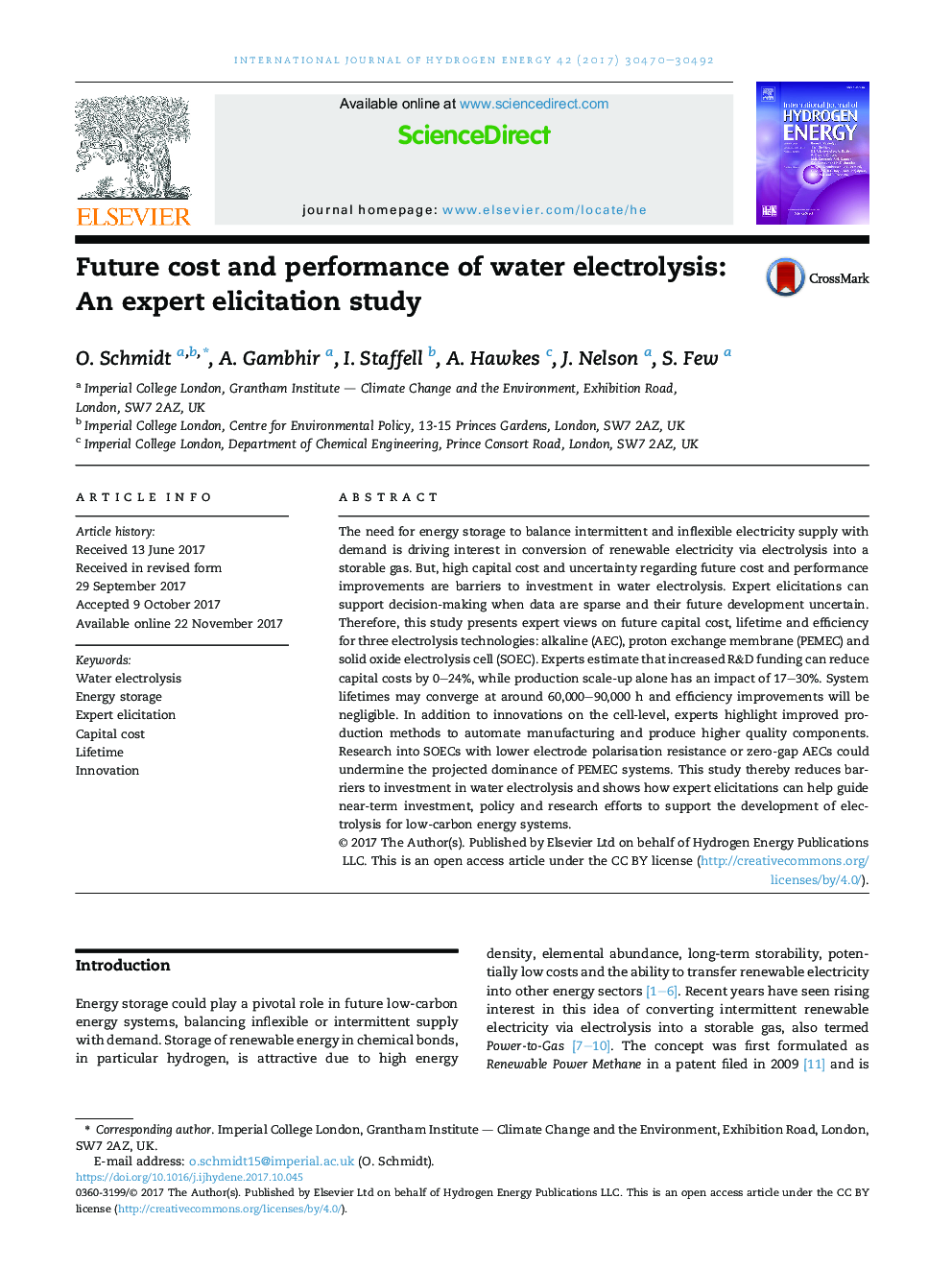 Future cost and performance of water electrolysis: An expert elicitation study