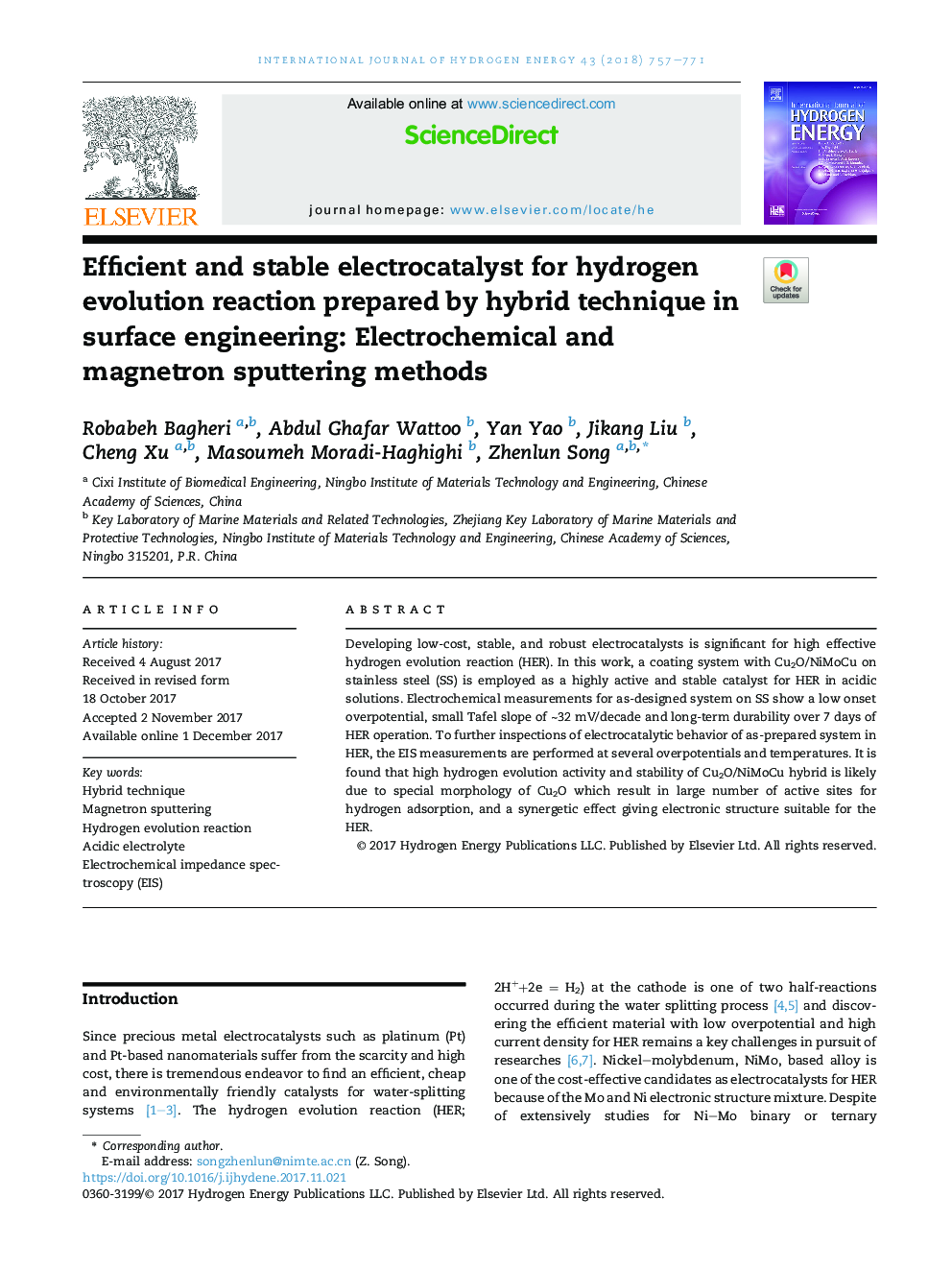 الکتروکاتالیست کارآمد و پایدار برای واکنش هیدروژن تکامل با استفاده از تکنیک ترکیبی در مهندسی سطح: روشهای الکتروشیمیایی و مگنترون اسپاتری 