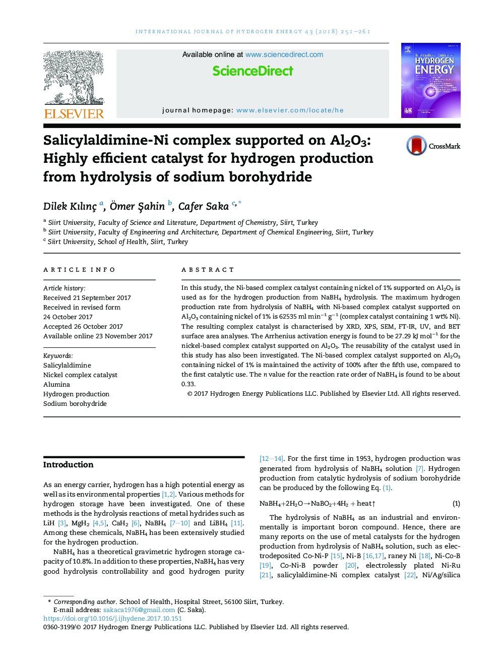 Salicylaldimine-Ni complex supported on Al2O3: Highly efficient catalyst for hydrogen production from hydrolysis of sodium borohydride