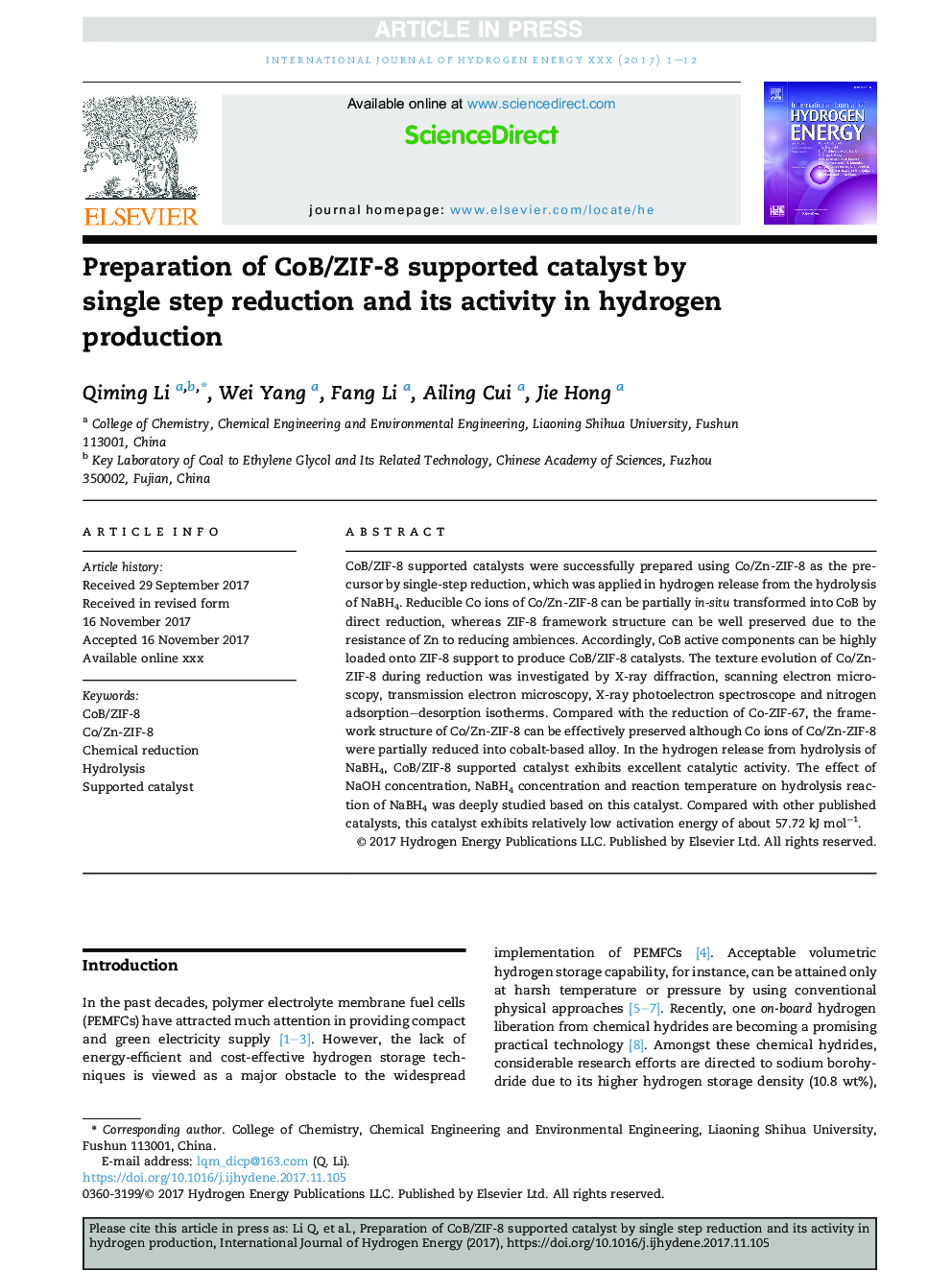 Preparation of CoB/ZIF-8 supported catalyst by single step reduction and its activity in hydrogen production