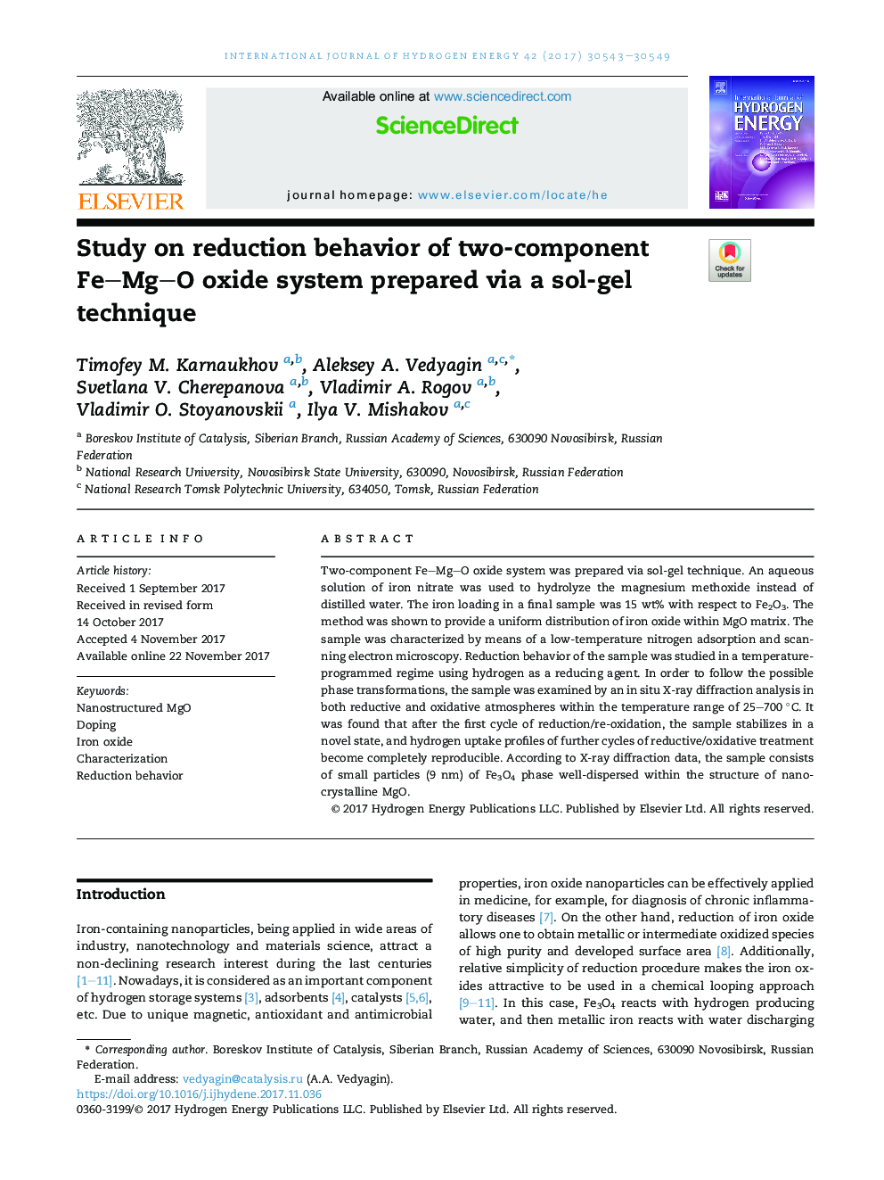Study on reduction behavior of two-component FeMgO oxide system prepared via a sol-gel technique