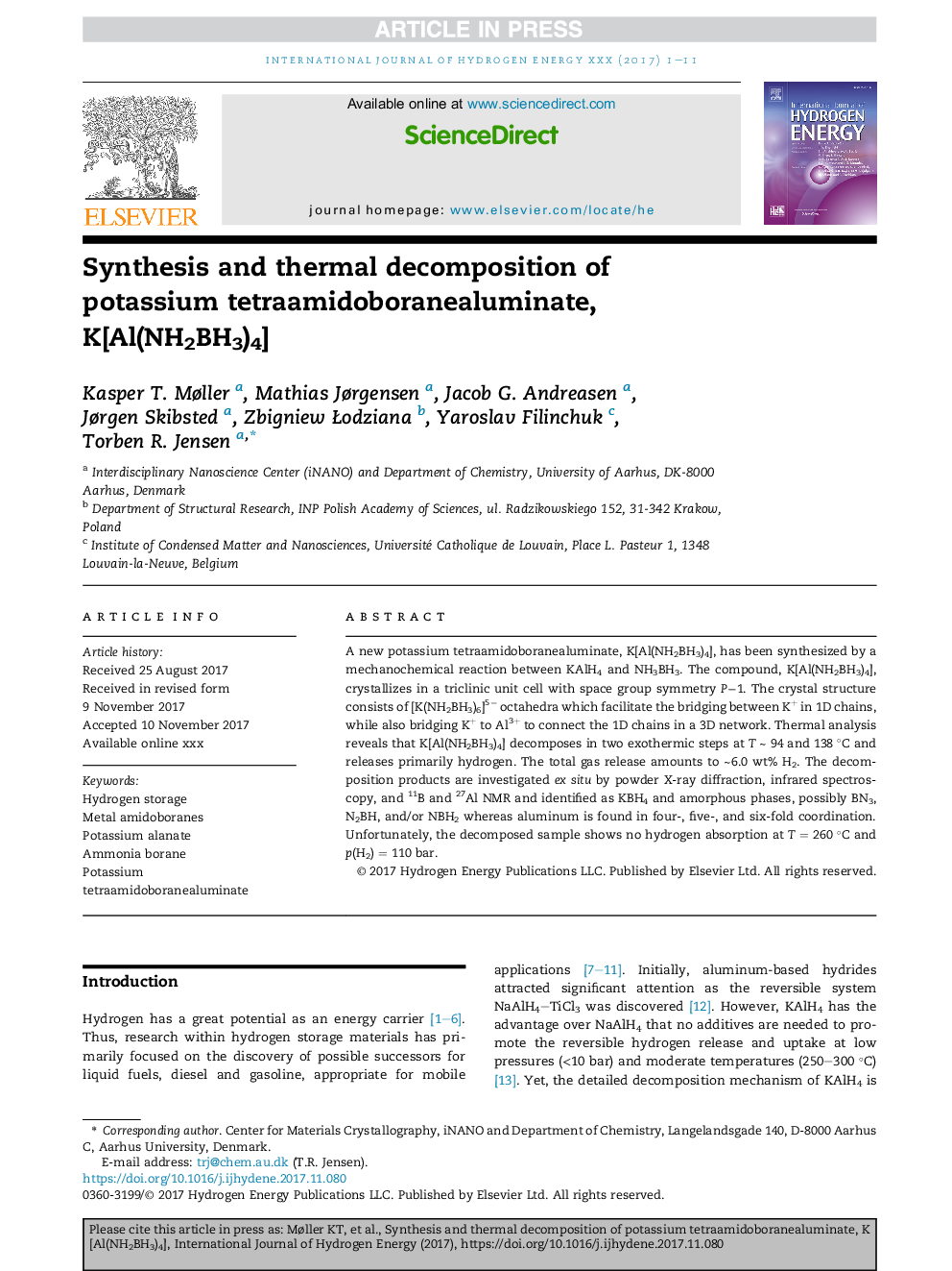 Synthesis and thermal decomposition of potassium tetraamidoboranealuminate, K[Al(NH2BH3)4]