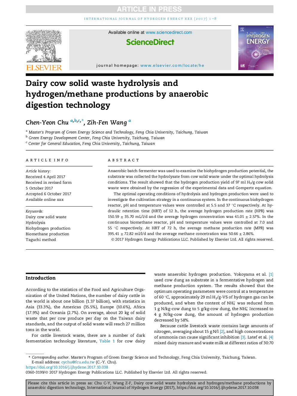 Dairy cow solid waste hydrolysis and hydrogen/methane productions by anaerobic digestion technology