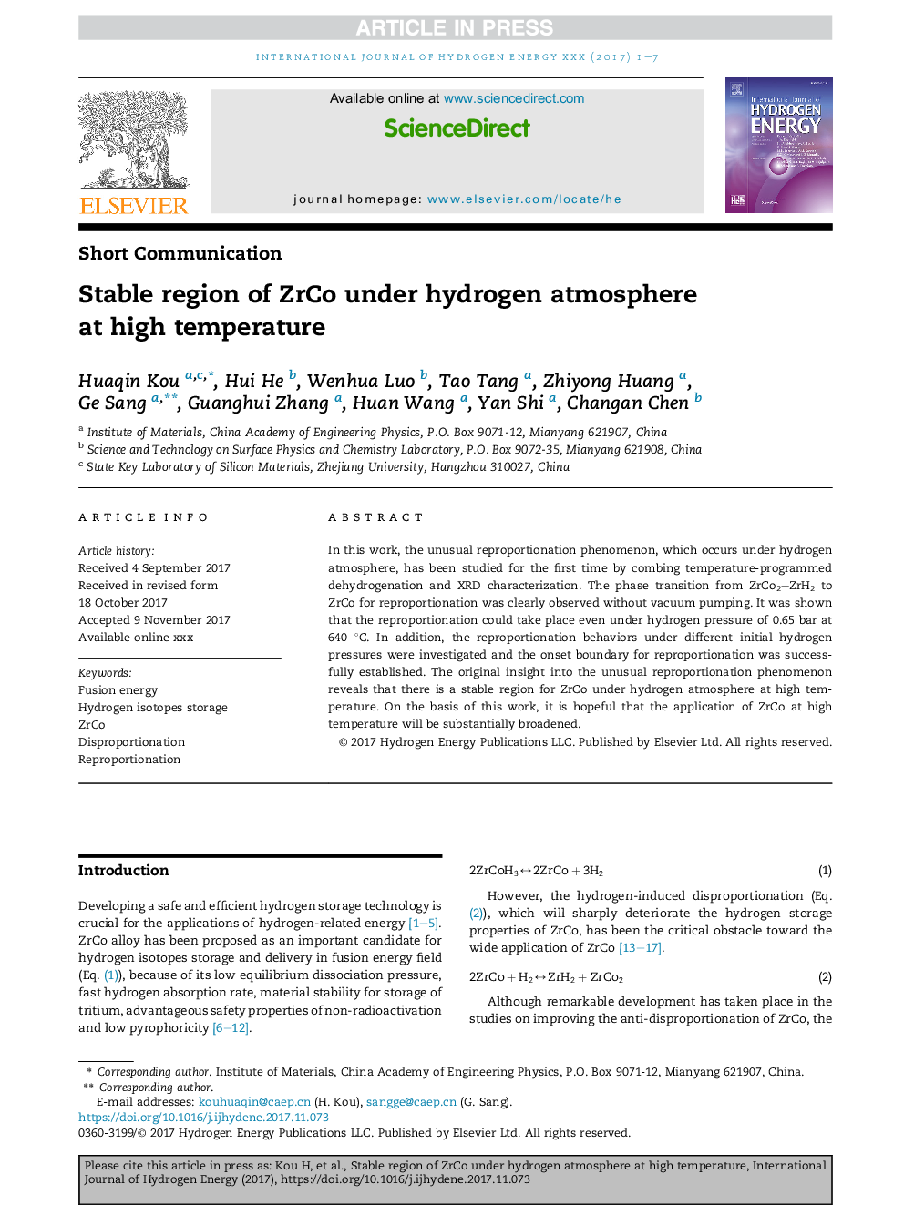 Stable region of ZrCo under hydrogen atmosphere at high temperature