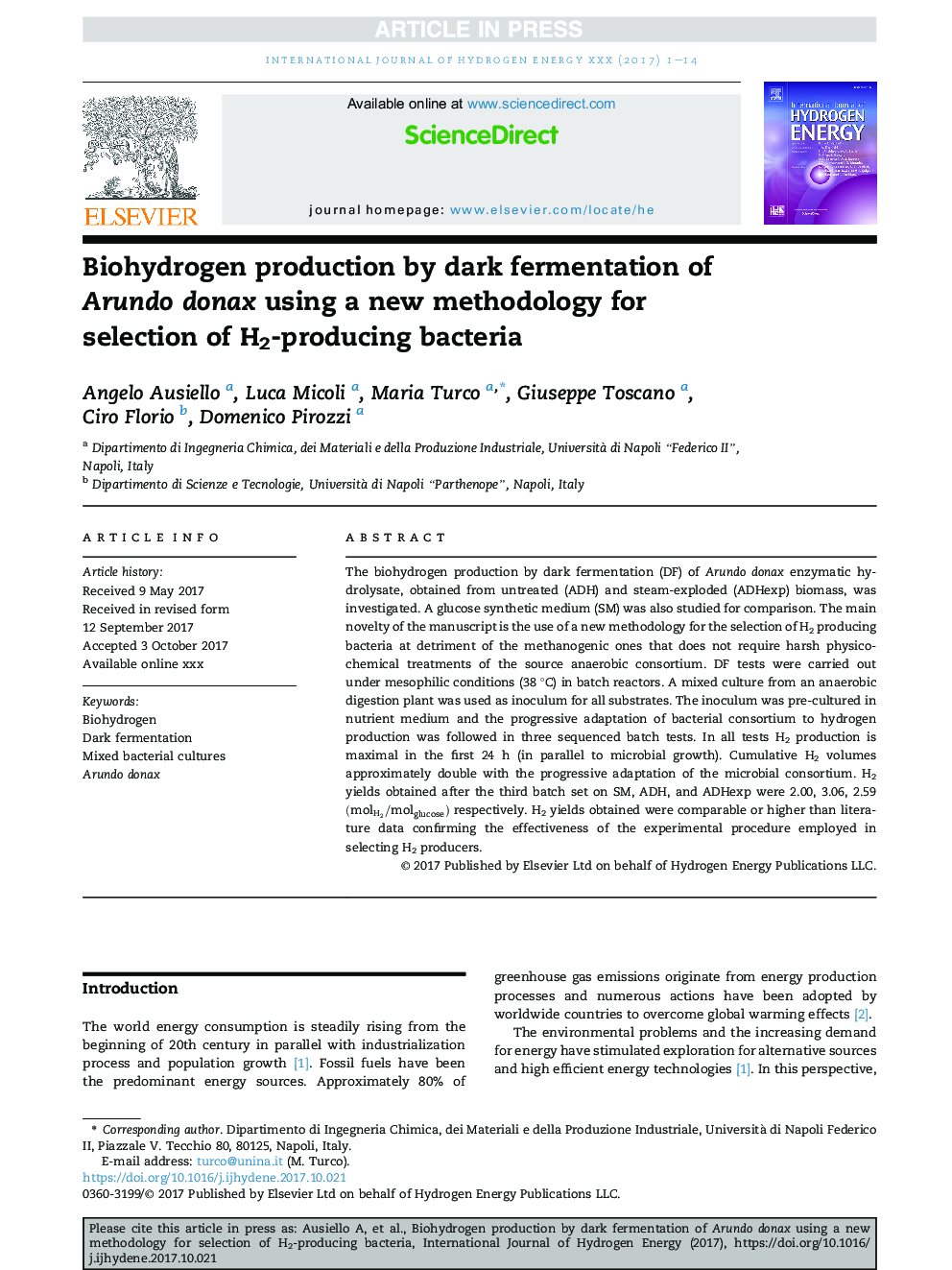 Biohydrogen production by dark fermentation of Arundo donax using a new methodology for selection of H2-producing bacteria