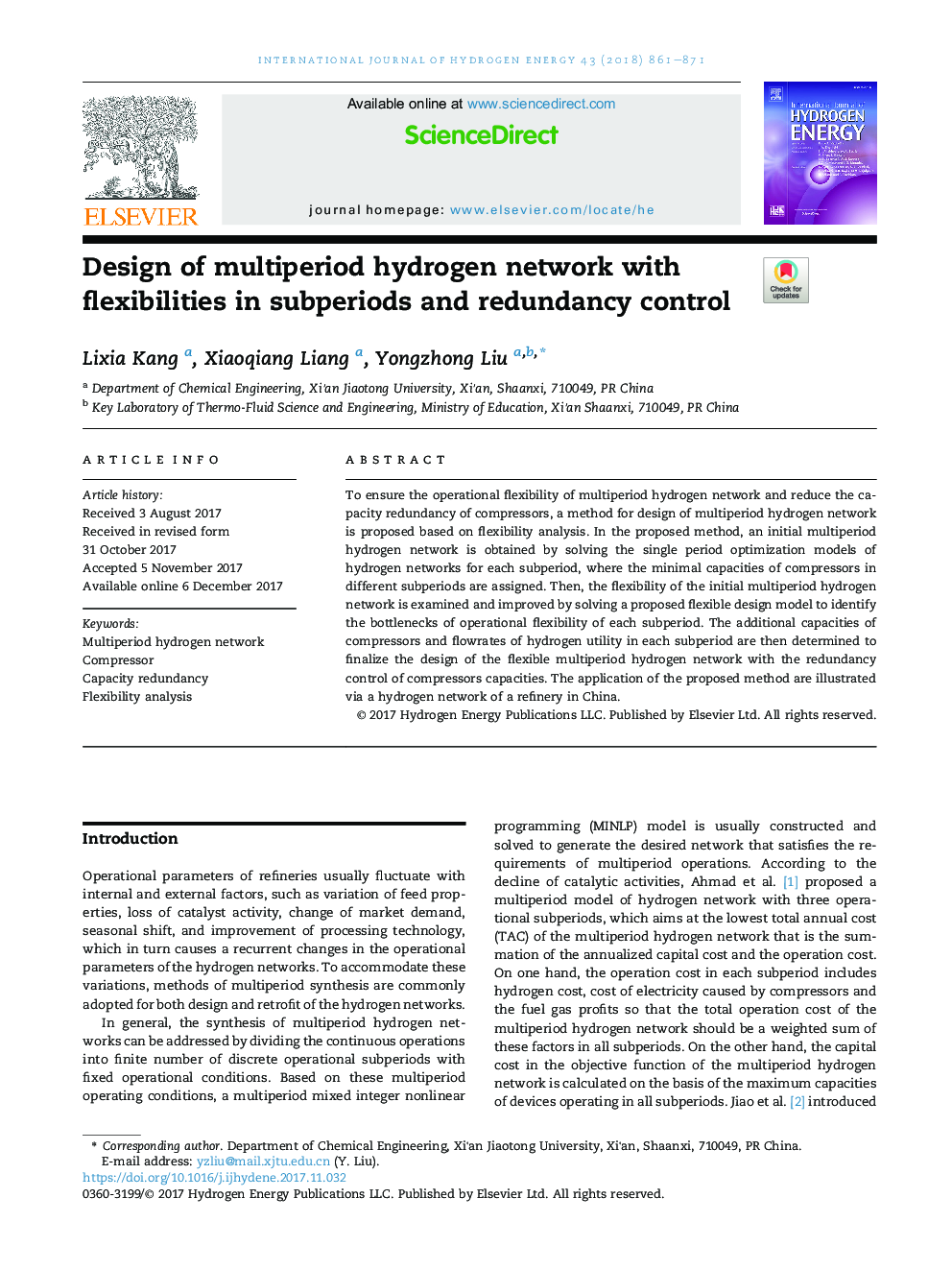 Design of multiperiod hydrogen network with flexibilities in subperiods and redundancy control