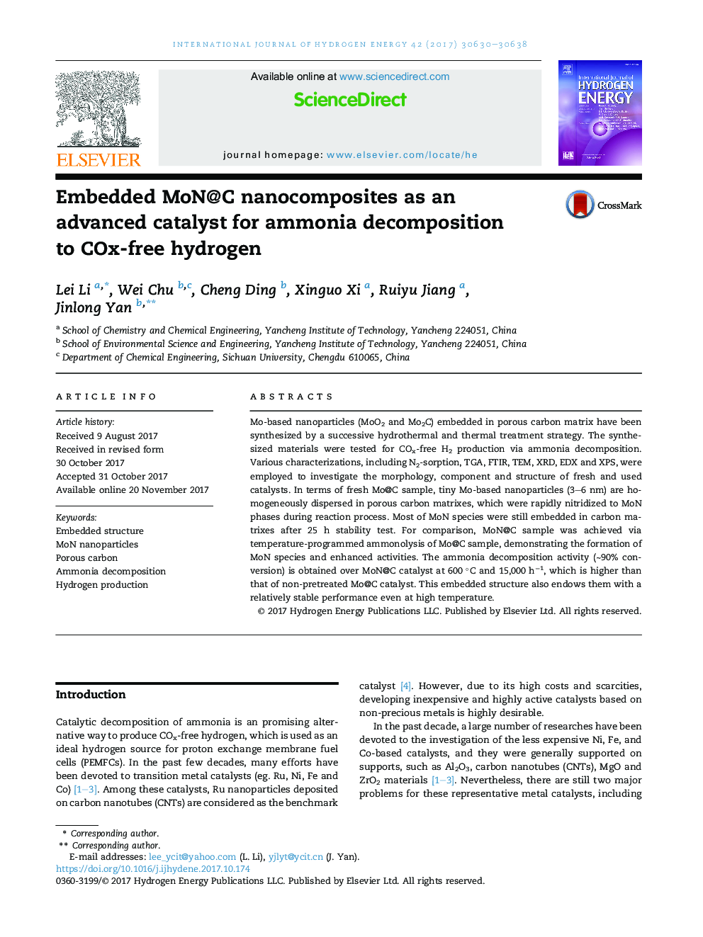 Embedded MoN@C nanocomposites as an advanced catalyst for ammonia decomposition toÂ COx-free hydrogen