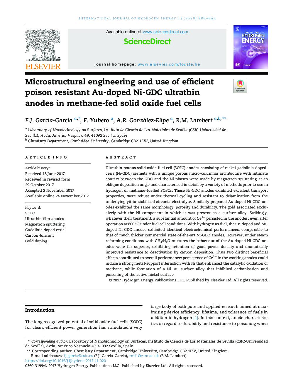 Microstructural engineering and use of efficient poison resistant Au-doped Ni-GDC ultrathin anodes in methane-fed solid oxide fuel cells
