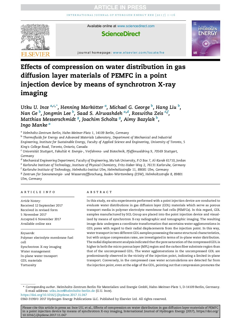 Effects of compression on water distribution in gas diffusion layer materials of PEMFC in a point injection device by means of synchrotron X-ray imaging