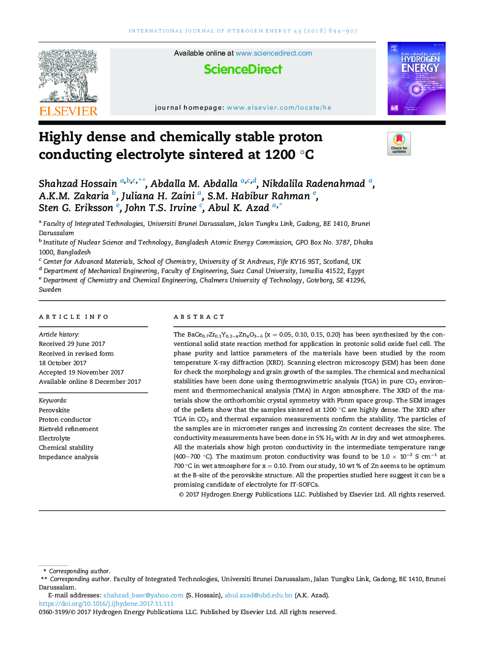 Highly dense and chemically stable proton conducting electrolyte sintered at 1200Â Â°C