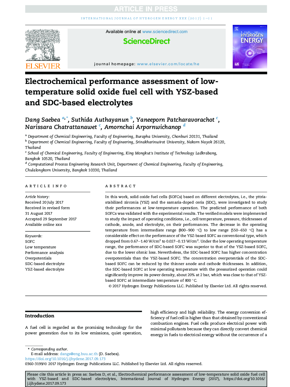 Electrochemical performance assessment of low-temperature solid oxide fuel cell with YSZ-based and SDC-based electrolytes
