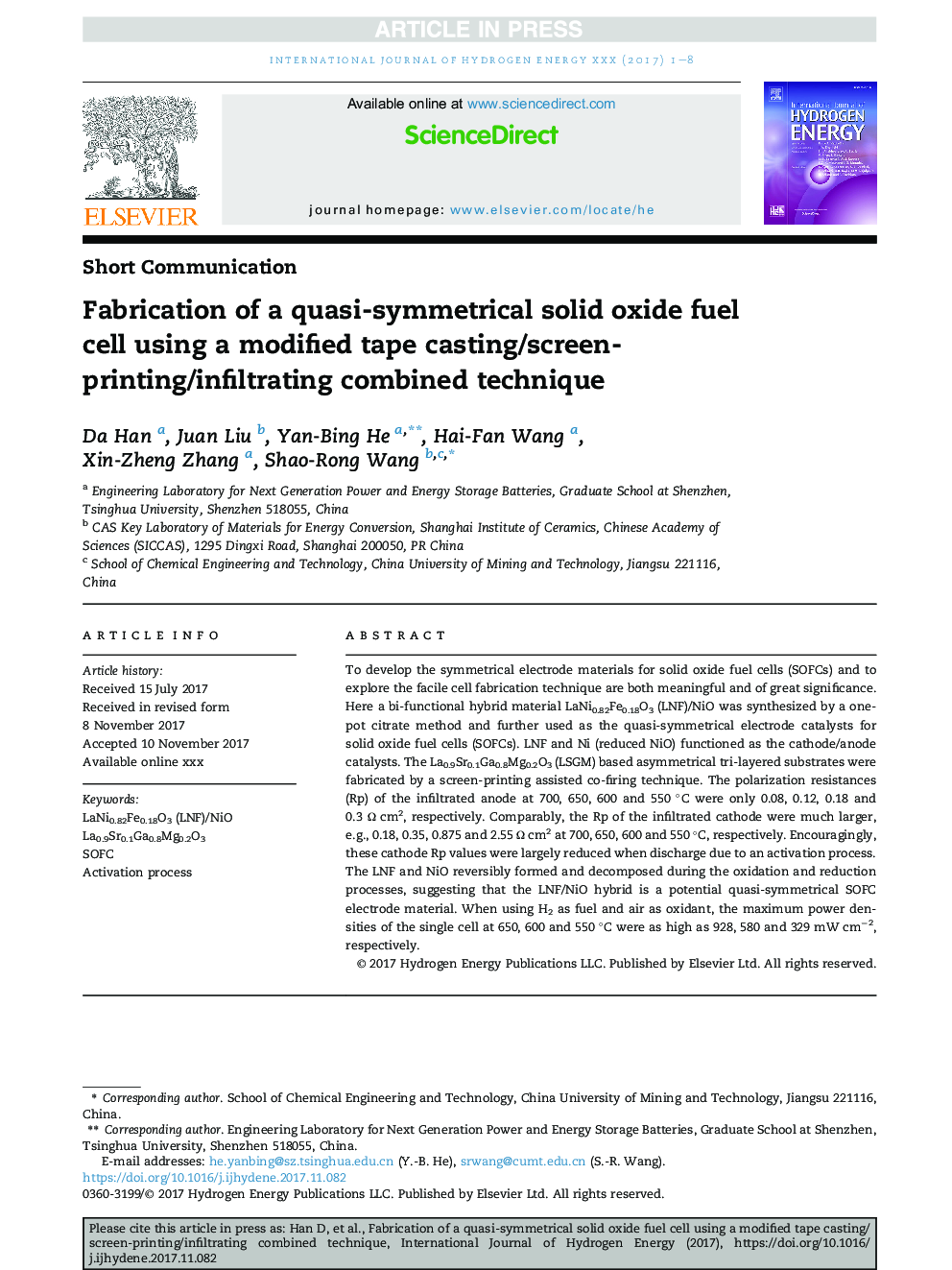 Fabrication of a quasi-symmetrical solid oxide fuel cell using a modified tape casting/screen-printing/infiltrating combined technique