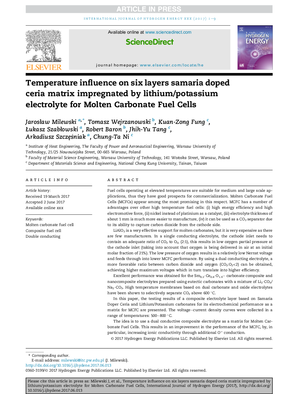 Temperature influence on six layers samaria doped ceria matrix impregnated by lithium/potassium electrolyte for Molten Carbonate Fuel Cells