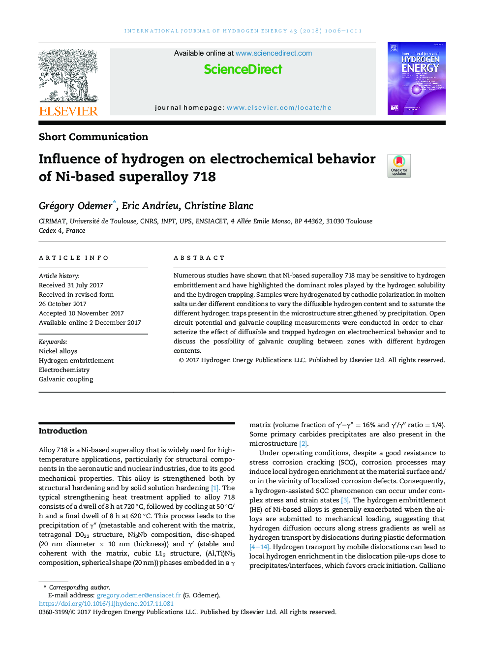 Influence of hydrogen on electrochemical behavior of Ni-based superalloy 718