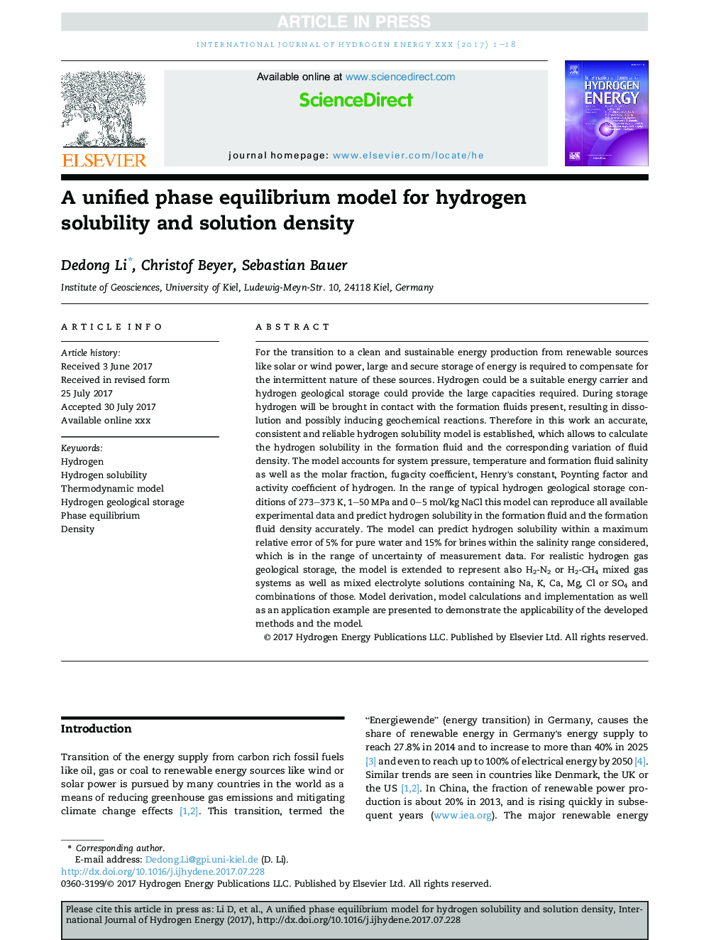 A unified phase equilibrium model for hydrogen solubility and solution density