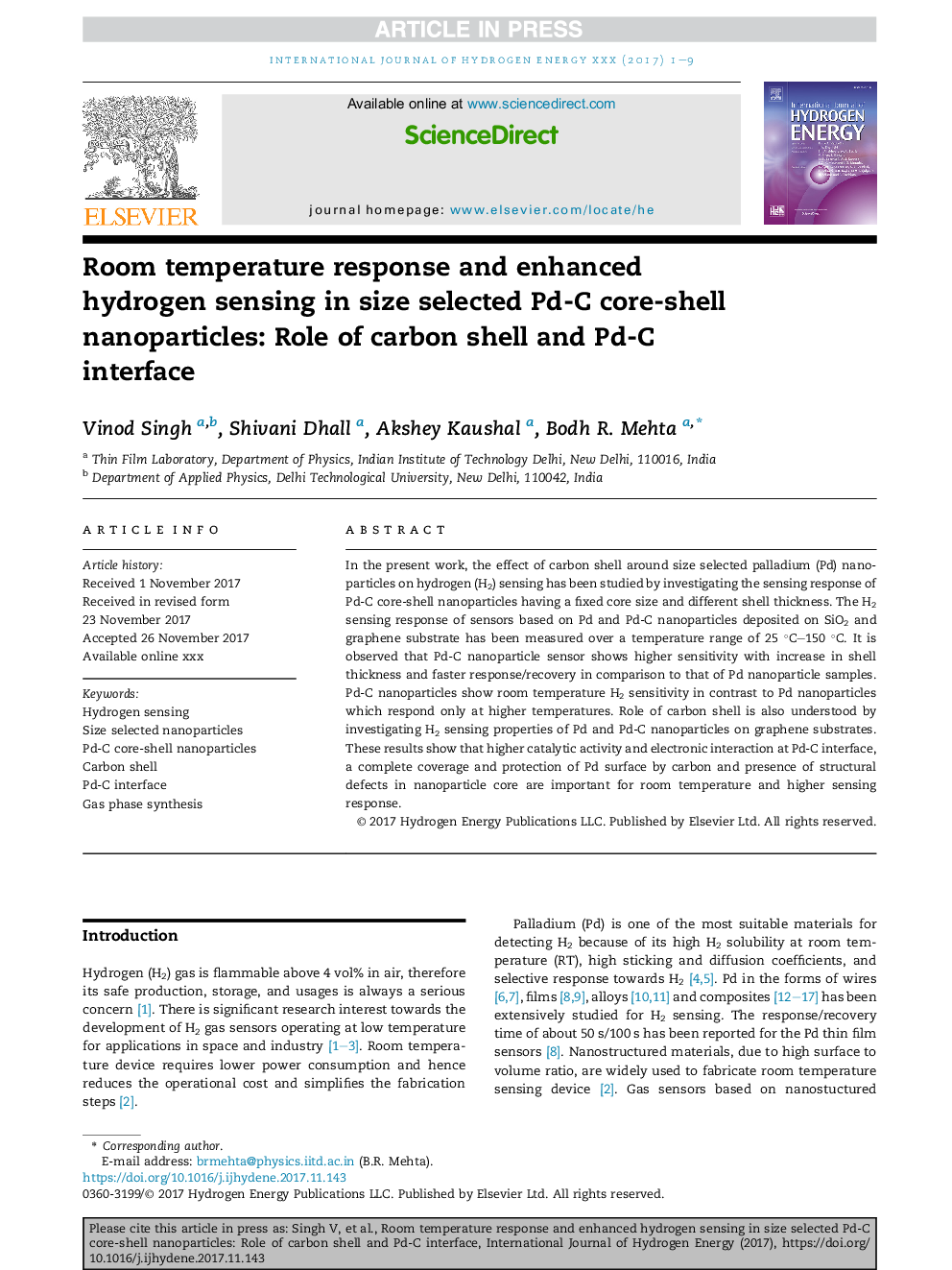 Room temperature response and enhanced hydrogen sensing in size selected Pd-C core-shell nanoparticles: Role of carbon shell and Pd-C interface