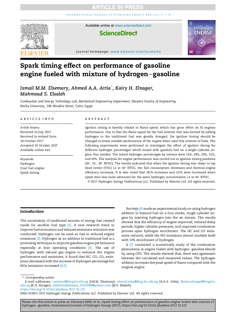 Spark timing effect on performance of gasoline engine fueled with mixture of hydrogen-gasoline