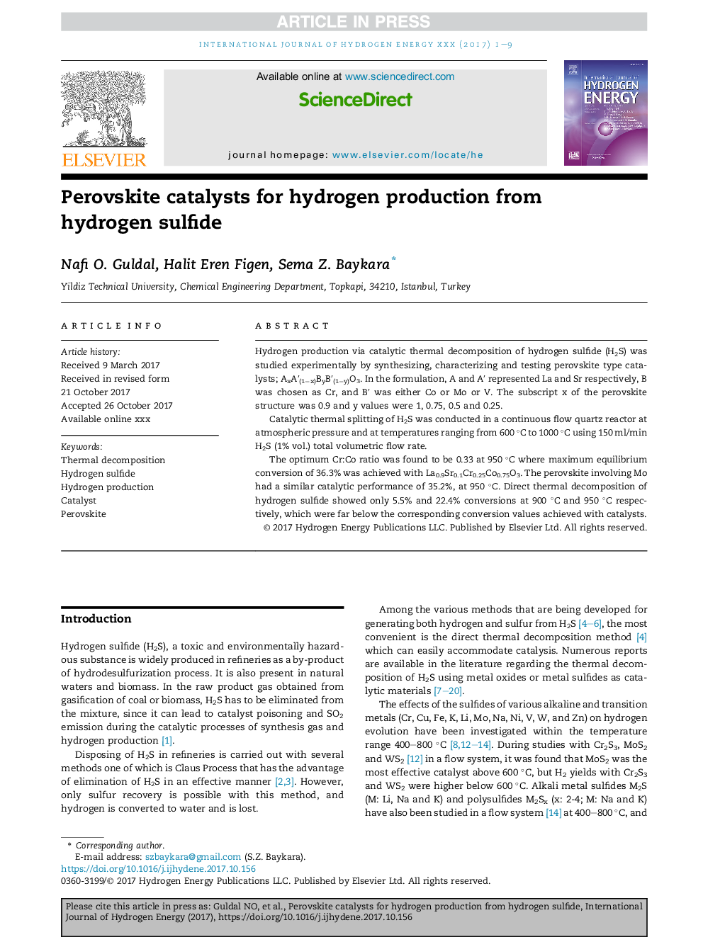 Perovskite catalysts for hydrogen production from hydrogen sulfide