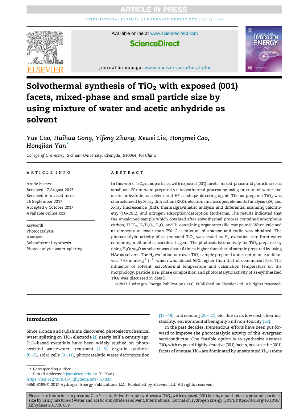 Solvothermal synthesis of TiO2 with exposed (001) facets, mixed-phase and small particle size by using mixture of water and acetic anhydride as solvent