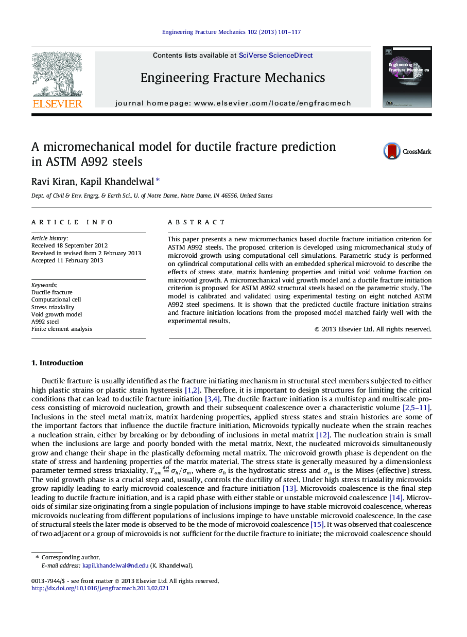 A micromechanical model for ductile fracture prediction in ASTM A992 steels