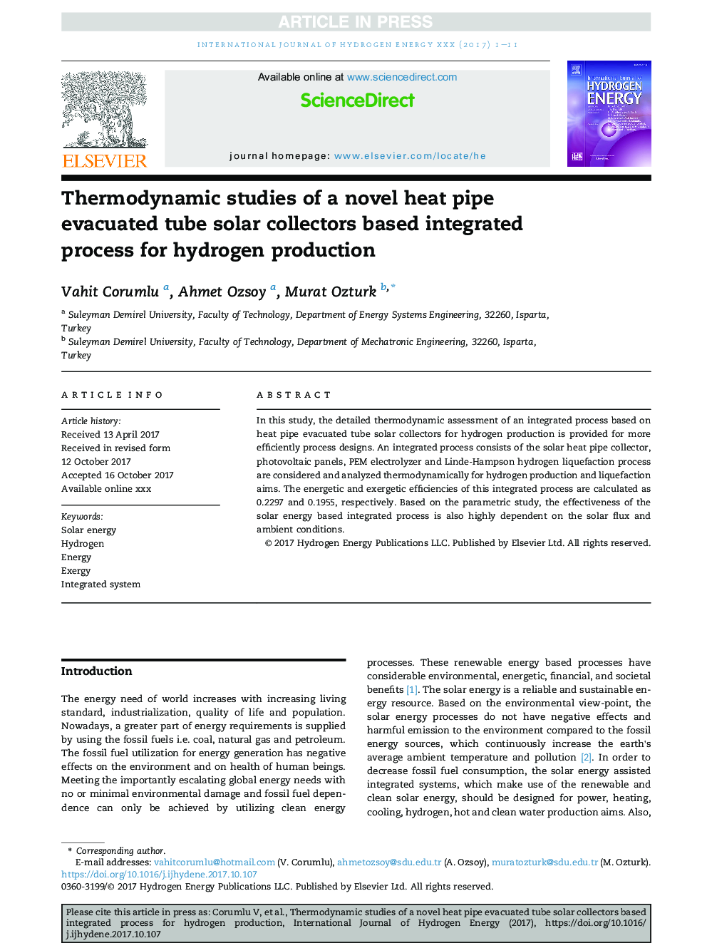 Thermodynamic studies of a novel heat pipe evacuated tube solar collectors based integrated process for hydrogen production