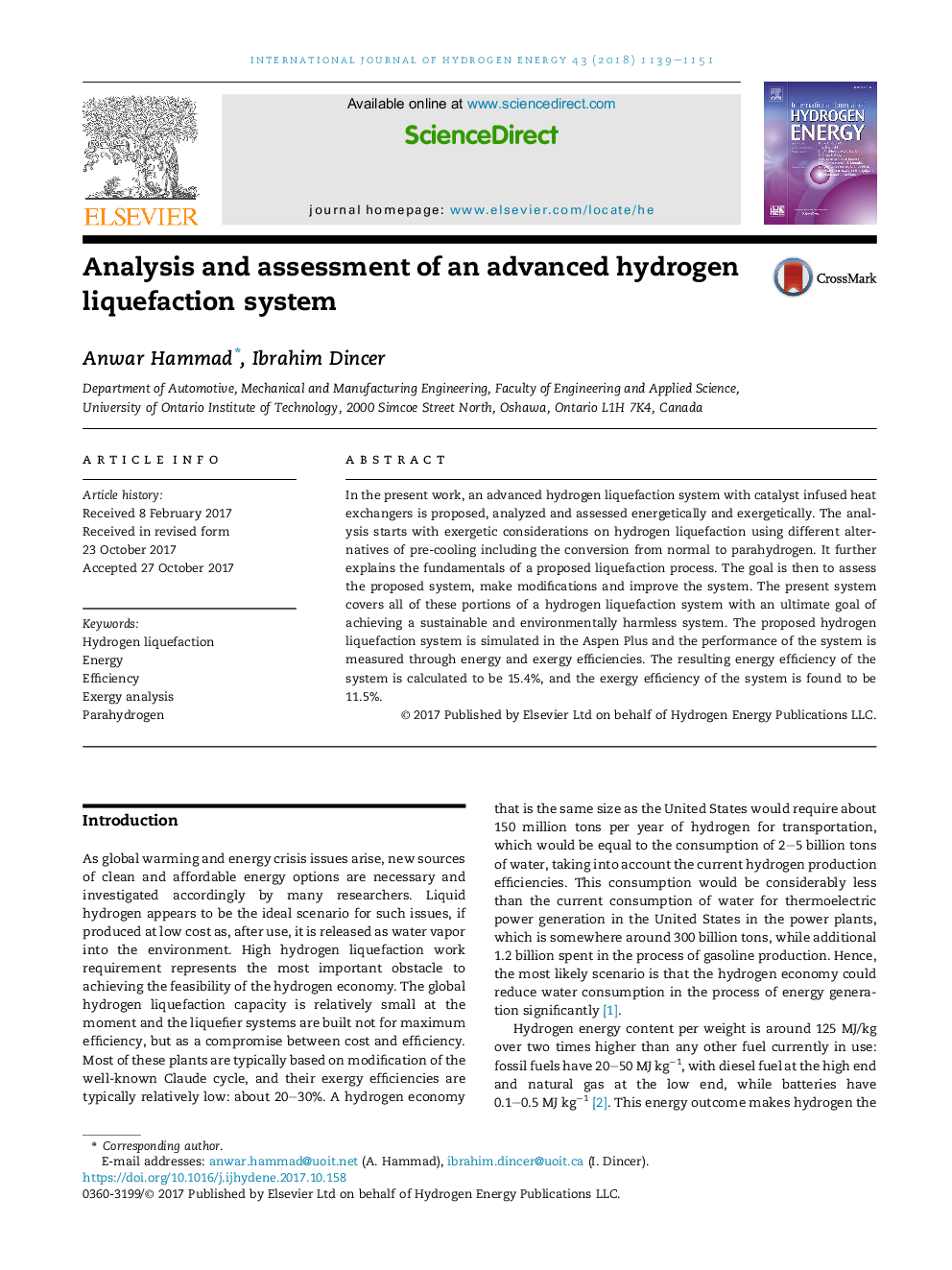 Analysis and assessment of an advanced hydrogen liquefaction system