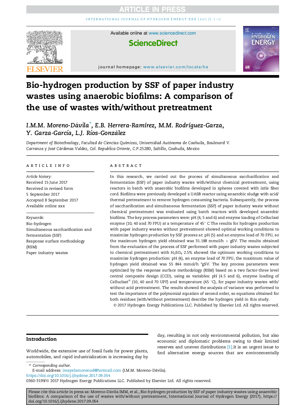 Bio-hydrogen production by SSF of paper industry wastes using anaerobic biofilms: A comparison of the use of wastes with/without pretreatment