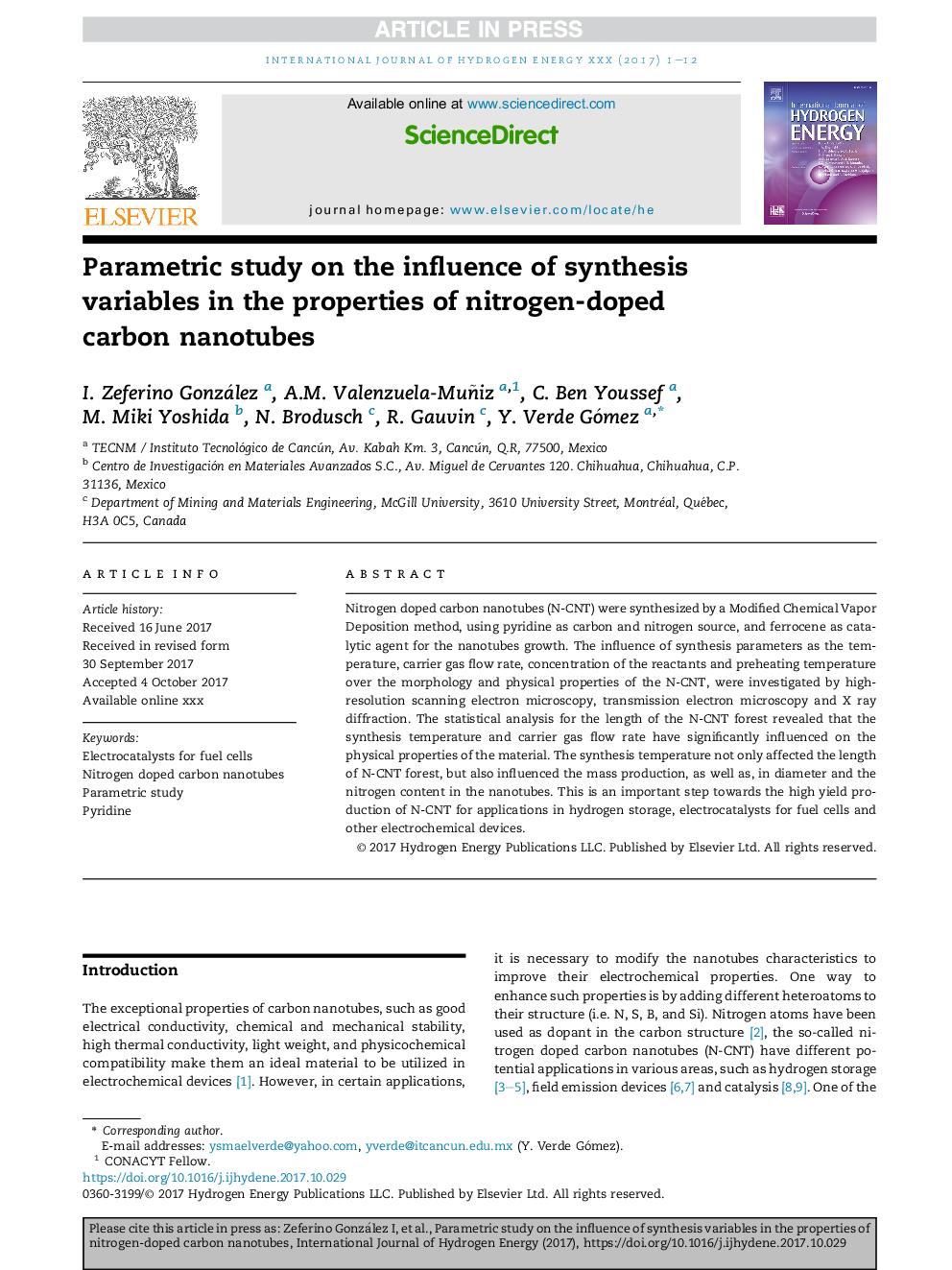 Parametric study on the influence of synthesis variables in the properties of nitrogen-doped carbon nanotubes