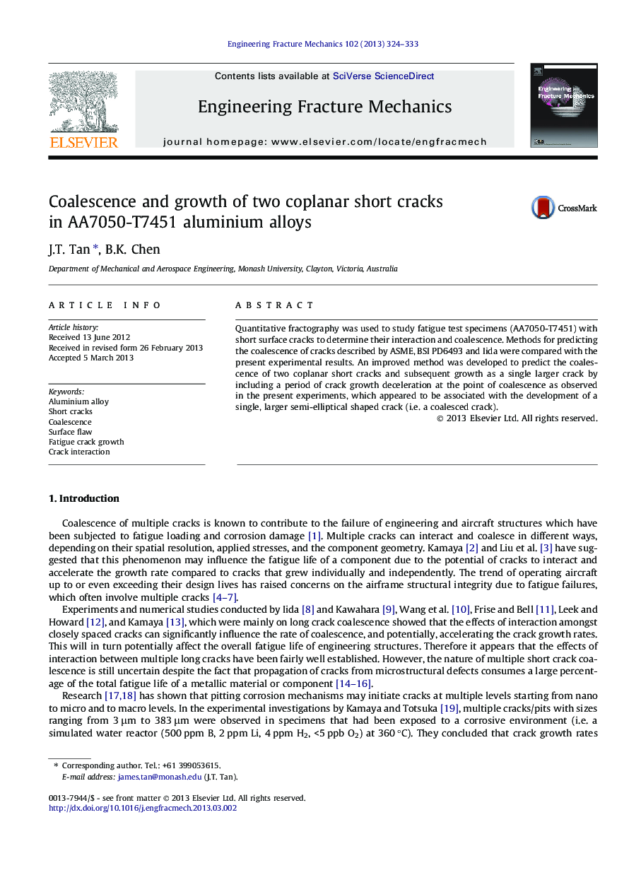 Coalescence and growth of two coplanar short cracks in AA7050-T7451 aluminium alloys