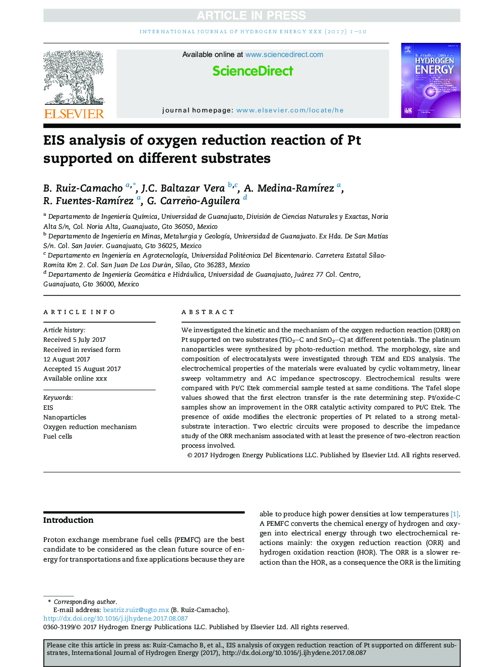 EIS analysis of oxygen reduction reaction of Pt supported on different substrates