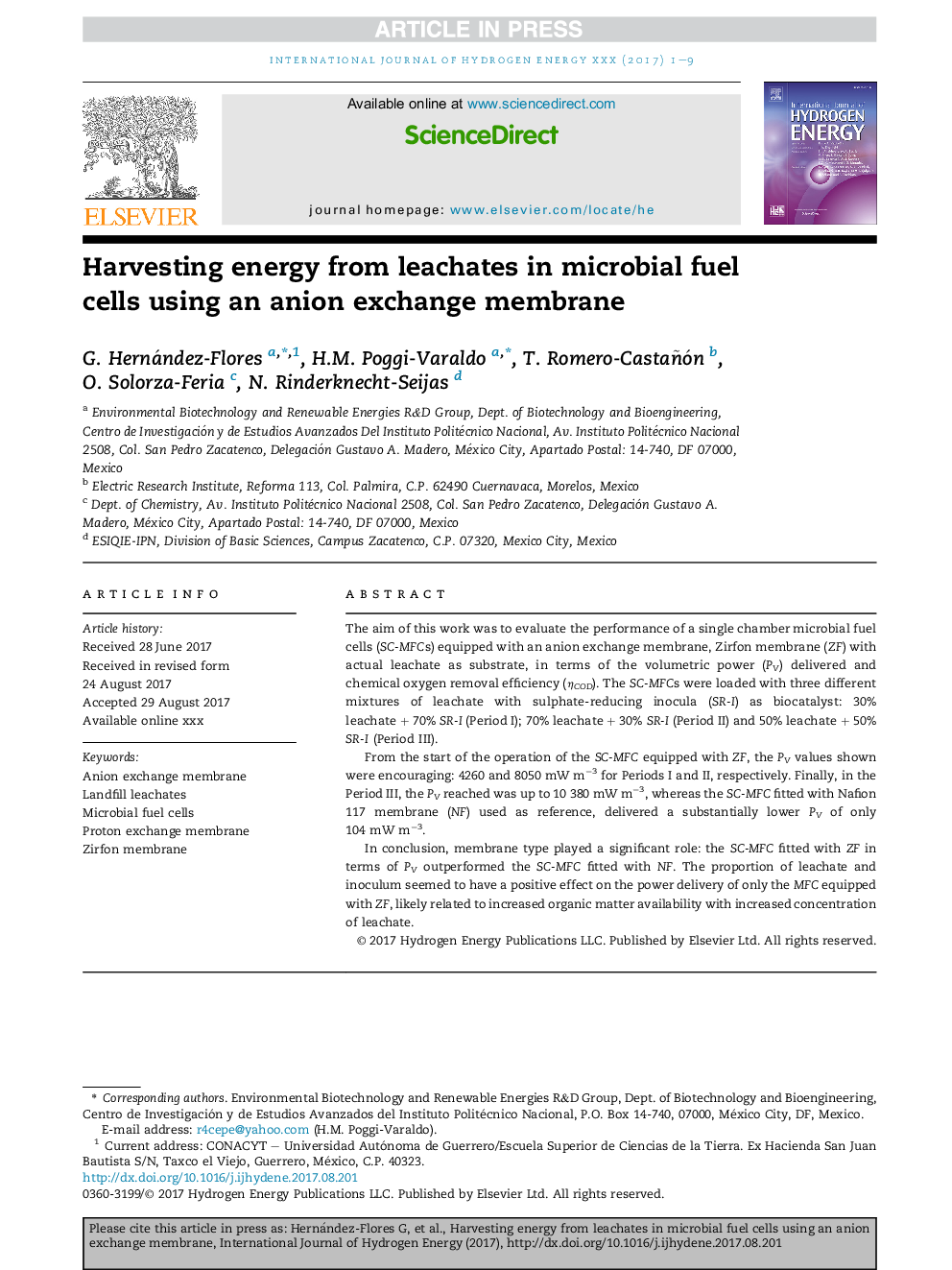 Harvesting energy from leachates in microbial fuel cells using an anion exchange membrane