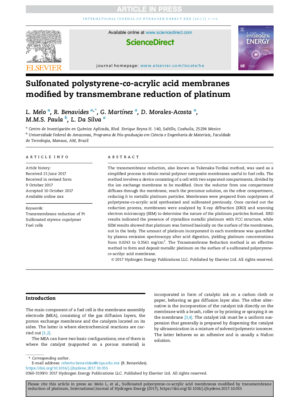 Sulfonated polystyrene-co-acrylic acid membranes modified by transmembrane reduction of platinum