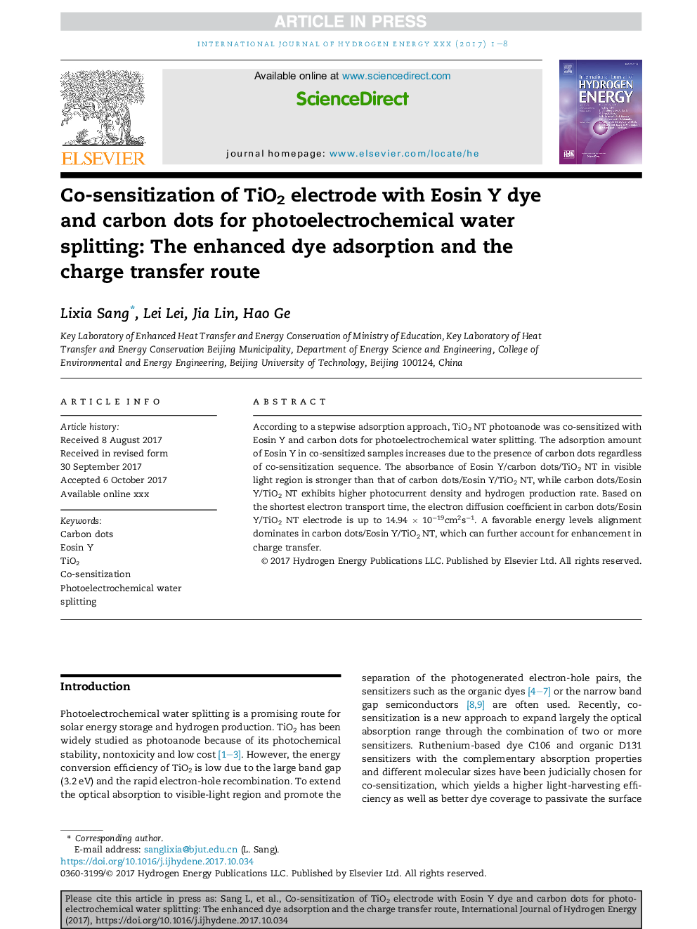 Co-sensitization of TiO2 electrode with Eosin Y dye and carbon dots for photoelectrochemical water splitting: The enhanced dye adsorption and the charge transfer route