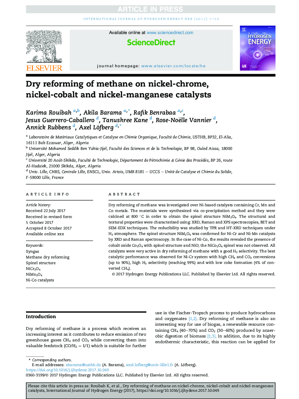 Dry reforming of methane on nickel-chrome, nickel-cobalt and nickel-manganese catalysts