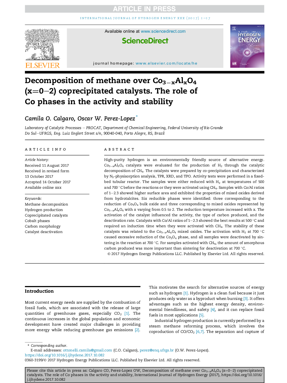 Decomposition of methane over Co3âxAlxO4 (x=0-2) coprecipitated catalysts: The role of CoÂ phases in the activity and stability