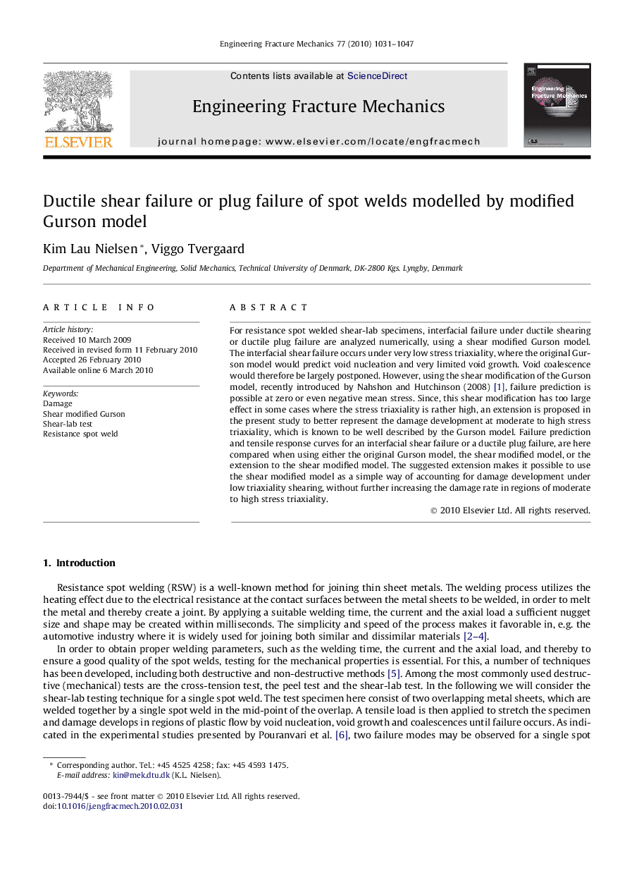 Ductile shear failure or plug failure of spot welds modelled by modified Gurson model