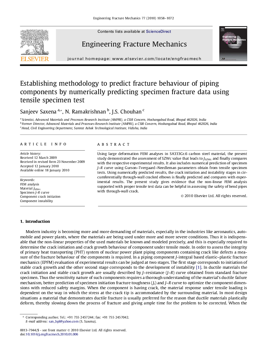 Establishing methodology to predict fracture behaviour of piping components by numerically predicting specimen fracture data using tensile specimen test