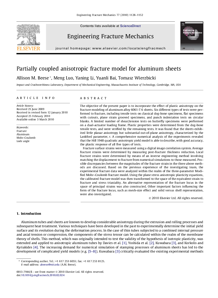 Partially coupled anisotropic fracture model for aluminum sheets