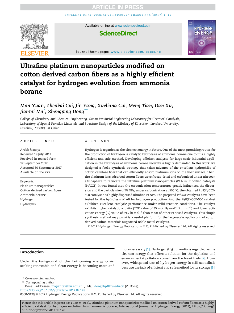 Ultrafine platinum nanoparticles modified on cotton derived carbon fibers as a highly efficient catalyst for hydrogen evolution from ammonia borane