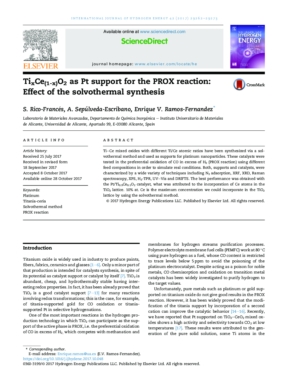 TixCe(1-x)O2 as Pt support for the PROX reaction: Effect of the solvothermal synthesis