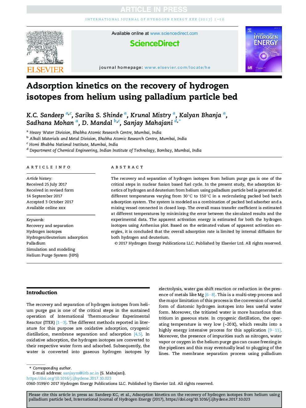 Adsorption kinetics on the recovery of hydrogen isotopes from helium using palladium particle bed