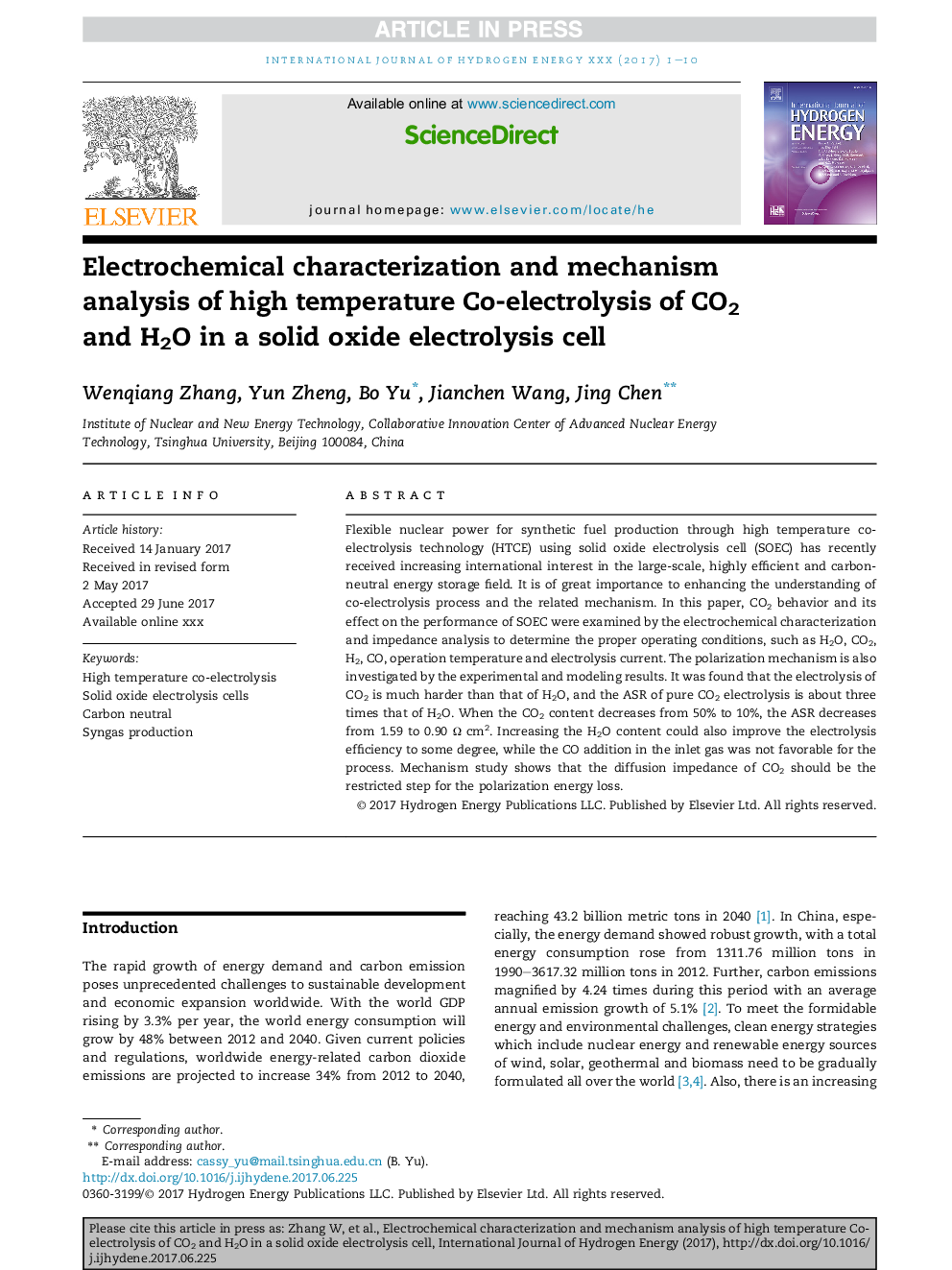 Electrochemical characterization and mechanism analysis of high temperature Co-electrolysis of CO2 and H2O in a solid oxide electrolysis cell