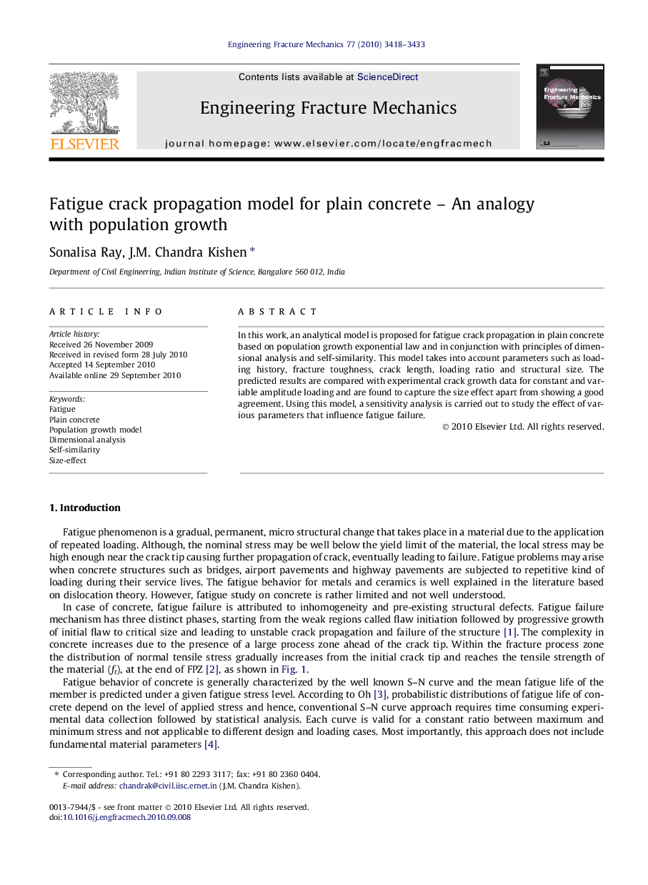 Fatigue crack propagation model for plain concrete – An analogy with population growth