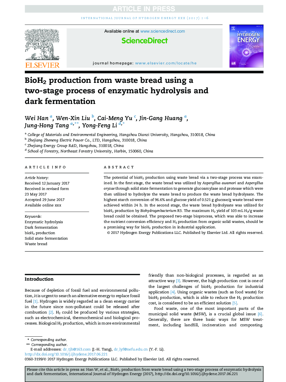 BioH2 production from waste bread using a two-stage process of enzymatic hydrolysis and dark fermentation