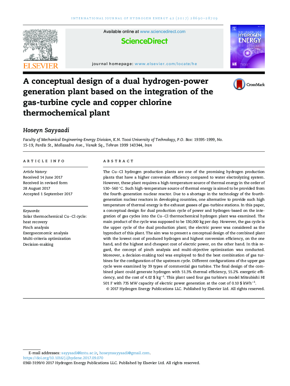 A conceptual design of a dual hydrogen-power generation plant based on the integration of the gas-turbine cycle and copper chlorine thermochemical plant