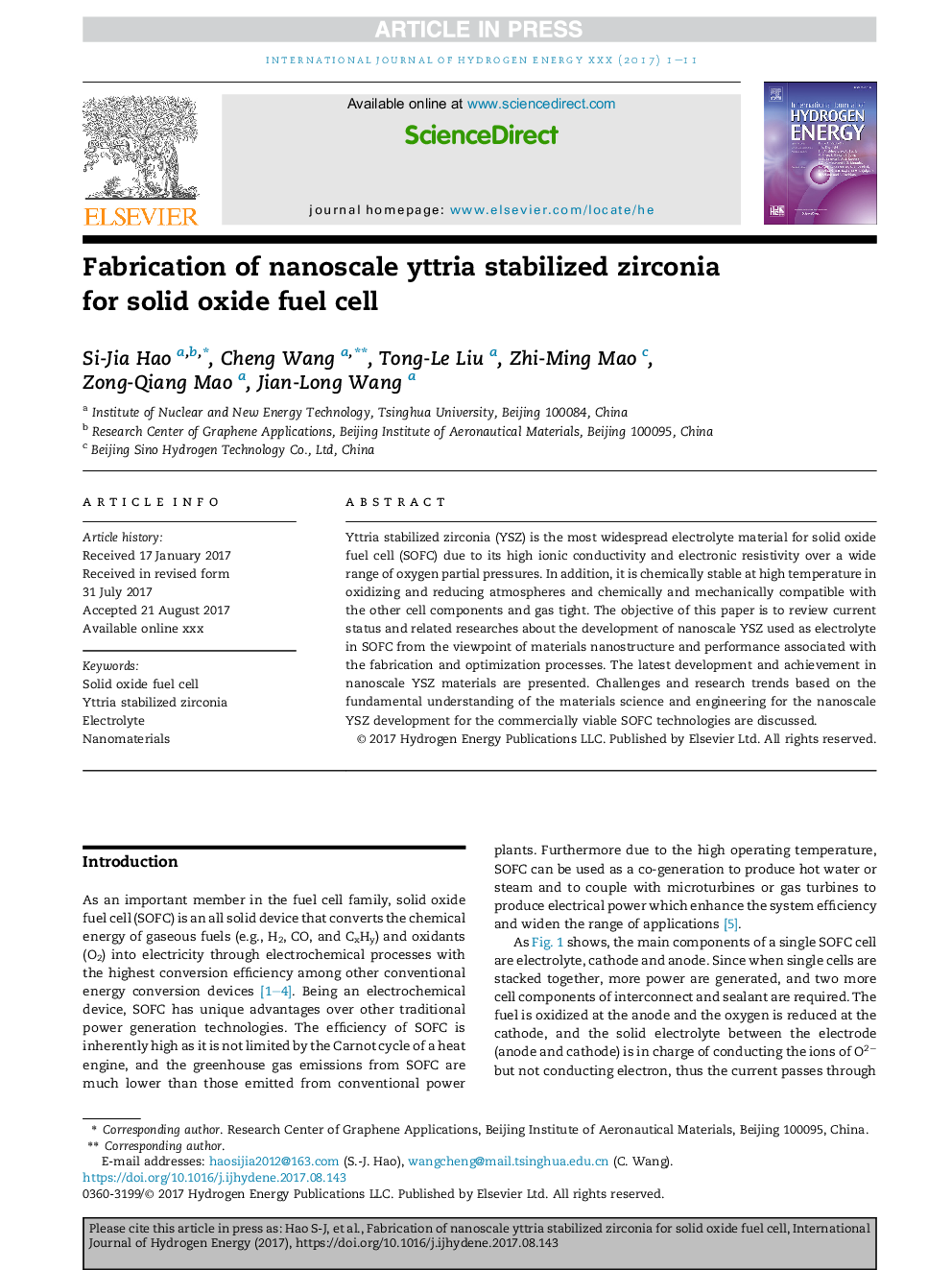 Fabrication of nanoscale yttria stabilized zirconia for solid oxide fuel cell