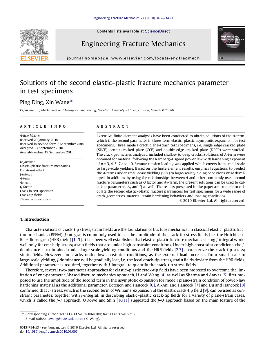 Solutions of the second elastic–plastic fracture mechanics parameter in test specimens