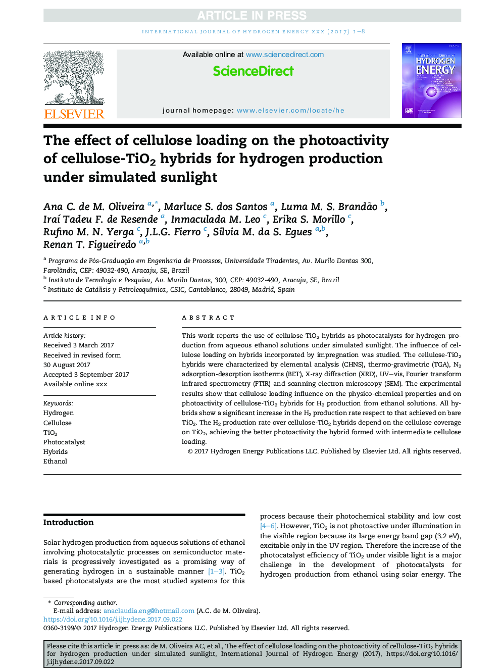 The effect of cellulose loading on the photoactivity of cellulose-TiO2 hybrids for hydrogen production under simulated sunlight